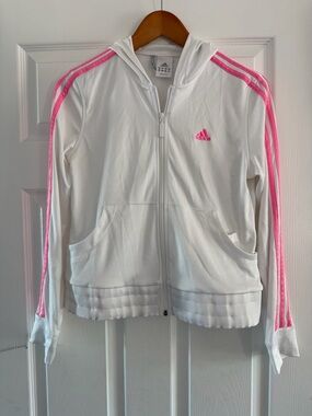 adidas White Hooded Track Jacket with Pink Stripes